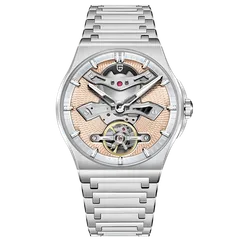 Pagani Design PD-YS028 with open-worked salmon dial on steel bracelet