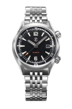Zelos Helmsman SS, black sandblasted enamel dial, on beads-of-rice bracelet