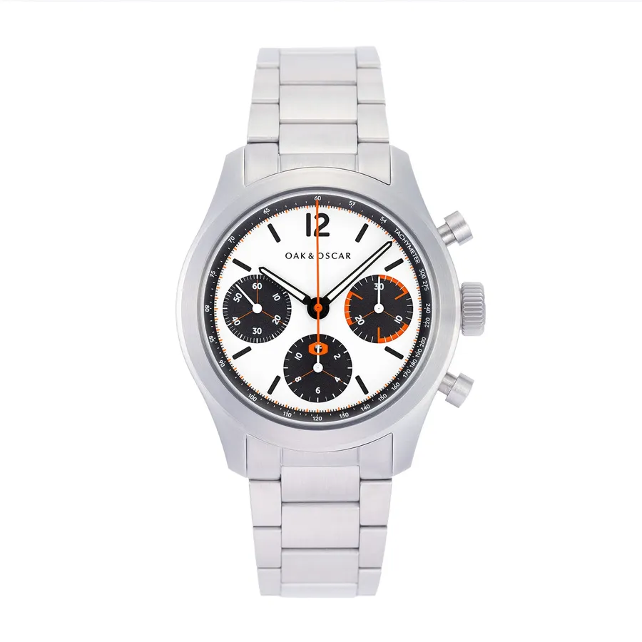 Oak & Oscar Atwood White Panda, white dial with black subdials and orange accents, on steel bracelet