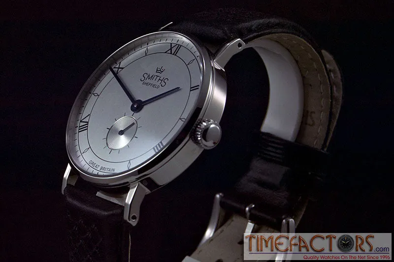Timefactors Smiths Vintage PRS-35, polished round case, brushed silver dial with blued hands and small seconds at 6, on black leather strap