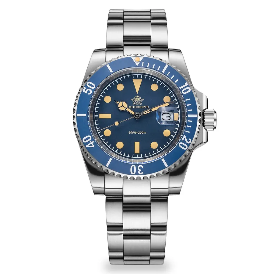 Addiesdive AD2054 with blue dial, cream dot markers and blue ceramic bezel on a three-link bracelet