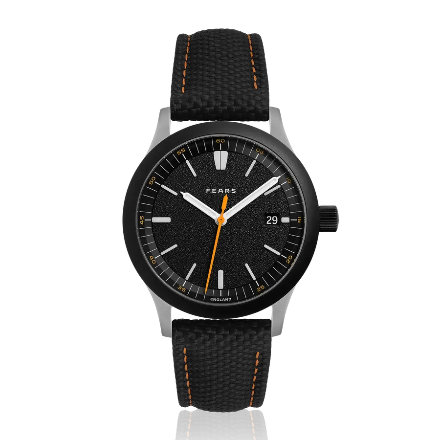 Fears Redcliff 39.5 ES with textured black dial, orange seconds hand and black DLC bezel on a black FKM strap