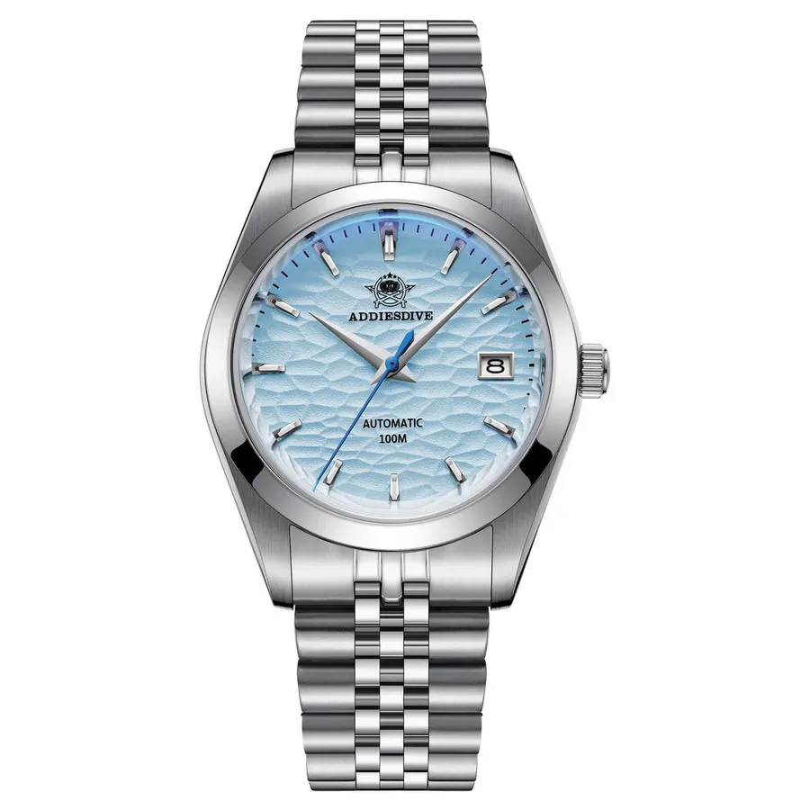Addiesdive AD2118 with light blue wave-textured dial, date at 3 and smooth bezel on a jubilee-style bracelet