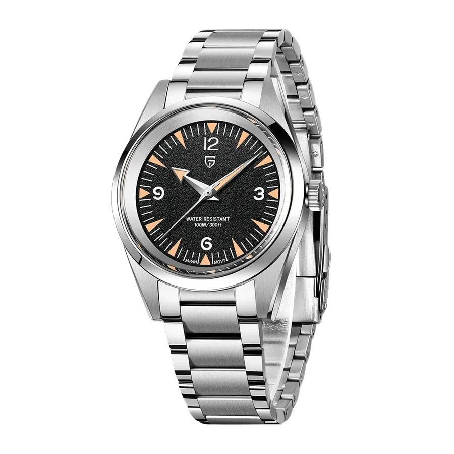 Pagani Design PD-1793 with black textured dial, 3-6-9-12 numerals and orange triangle markers on three-link bracelet