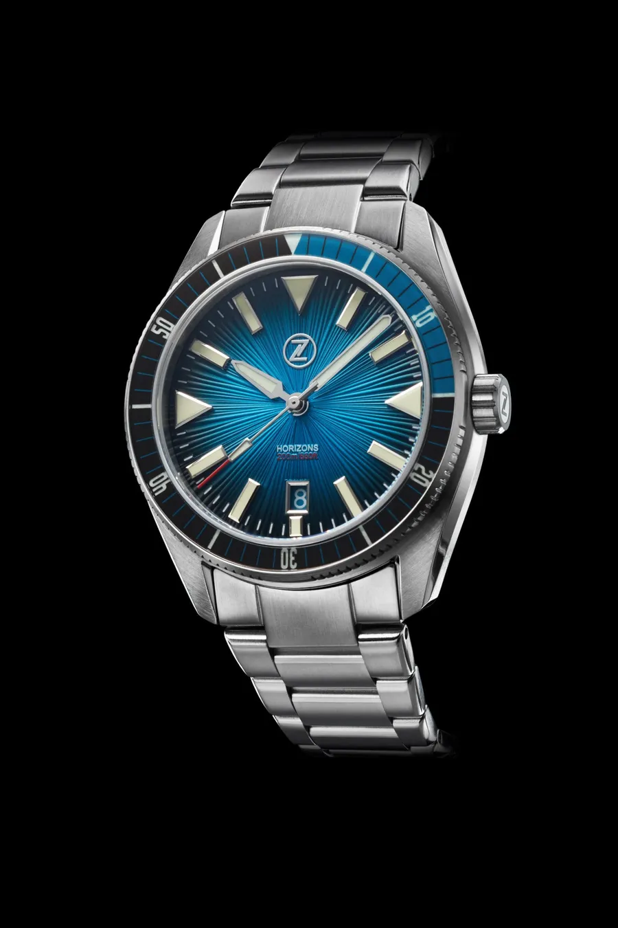 Zelos Horizons 43mm SS Teal, teal fumé guilloche dial and black and blue sapphire dive bezel, on steel bracelet