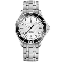 Pagani Design PD-1685 with white wave dial and black bezel on steel bracelet