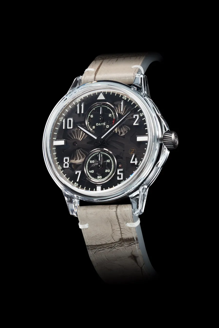 Zelos Mirage 8 Days with a transparent full-sapphire case and skeletonised 8-day movement, on grey crocodile leather strap