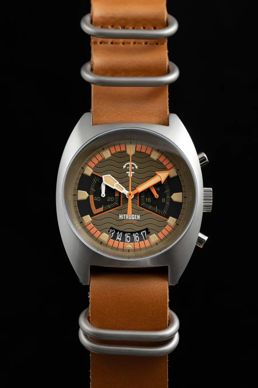 Pook Nitrogen I chronograph in a steel cushion case with beige and orange dial on a tan leather strap