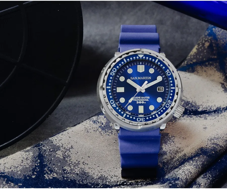 San Martin SN003-G2-J tuna-style diver with blue dial and date on blue rubber strap