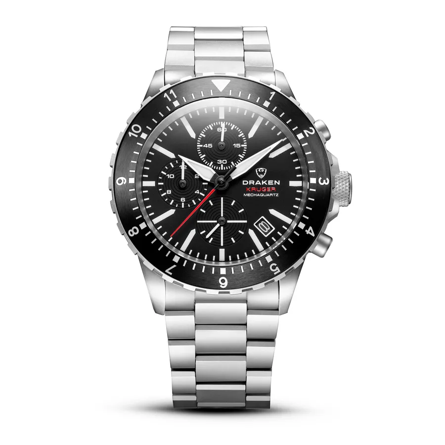 Draken Kruger B with a black dial, sub-dials at 12, 9 and 6 and a 12-hour bezel insert on the titanium bracelet