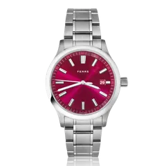 Fears Redcliff 39.5 Date with sunburst Cherry Red dial on the steel bracelet