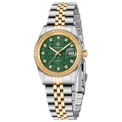 Pagani Design PD-1794L with green monogram-textured dial and gold-tone stone-set bezel on steel and gold-tone bracelet