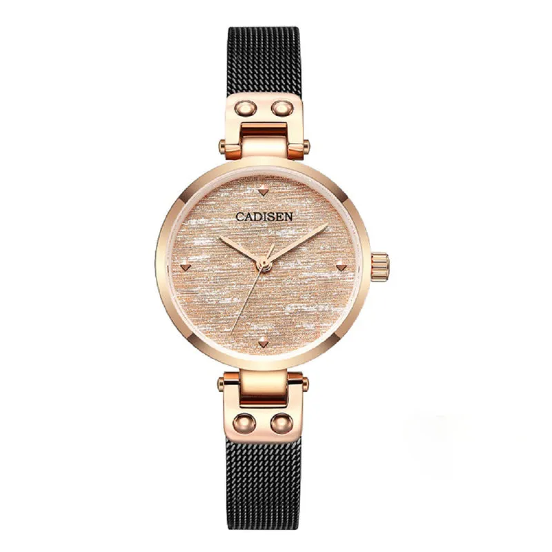 Cadisen C6162 with a textured rose gold-tone dial in a rose gold-tone case on a black mesh bracelet