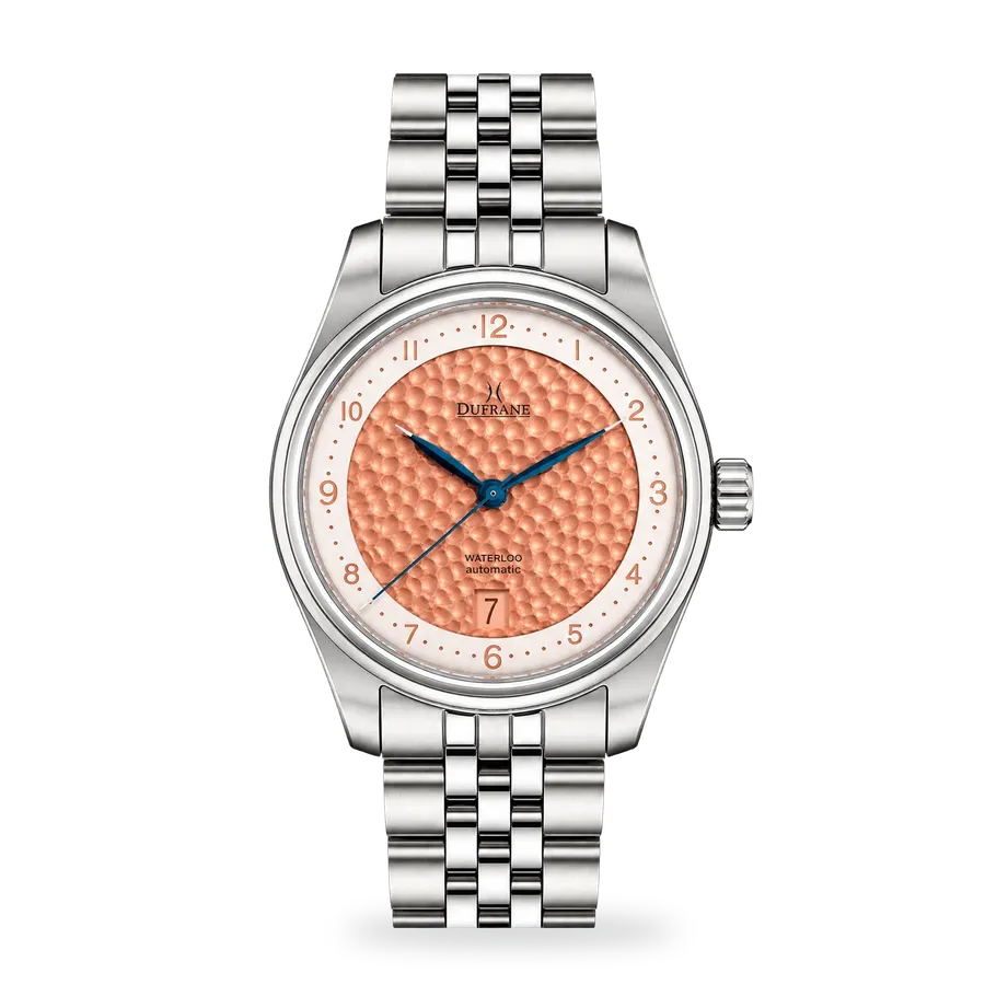 DuFrane Waterloo, steel case, hammered copper dial, on 5-link bracelet