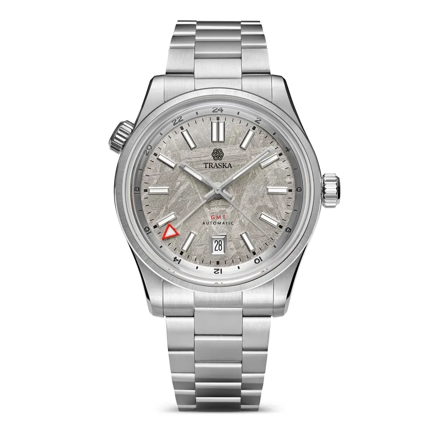Traska Venturer GMT Meteorite, Muonionalusta meteorite dial with 24-hour inner bezel, on bracelet, front view