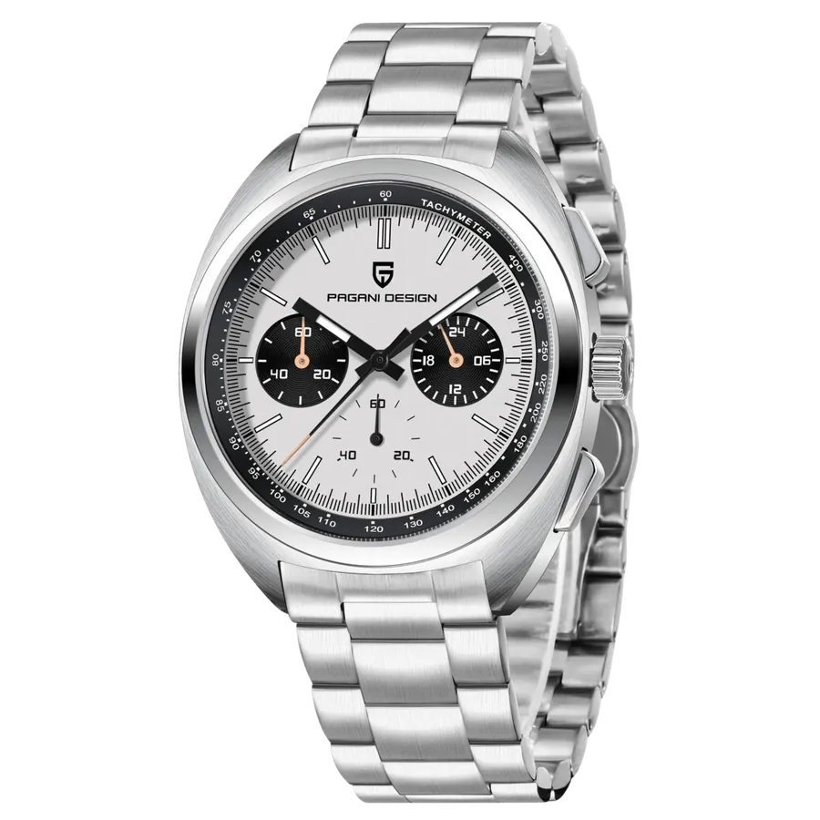 Pagani Design PD-1782 chronograph with white panda dial and inner tachymeter scale on steel bracelet