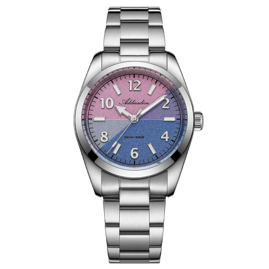 Addiesdive AD2555 Dark Colorway, with a pink, lavender and blue sandblasted colour-block dial on a three-link bracelet