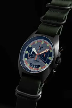 Pook Nitrogen III chronograph in black PVD with grey and orange dial on a green leather strap