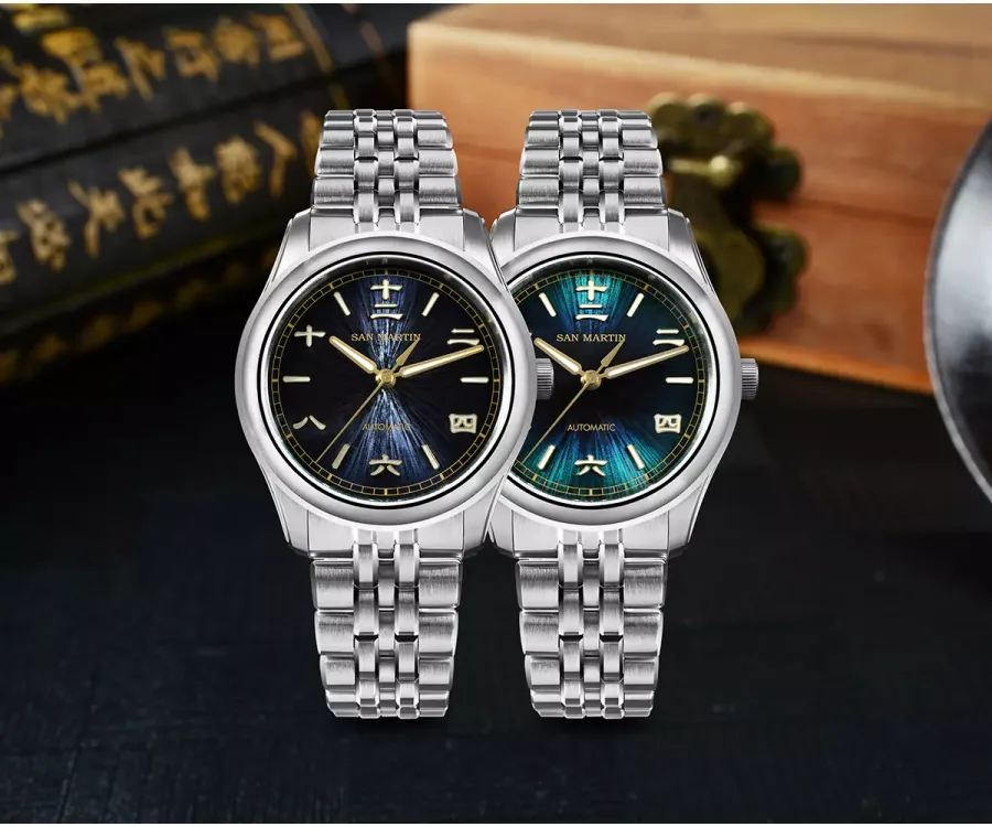 San Martin SN0144-CG1 39mm in dark blue and blue-green with Chinese numeral markers on steel bracelets