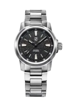 Zelos Aurora Field 38mm Ti, black granite-textured dial, on titanium bracelet