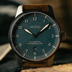 Weiss Automatic Standard Issue Field 42mm limited edition, textured denim blue dial with Nashville, TN signature, on suede strap
