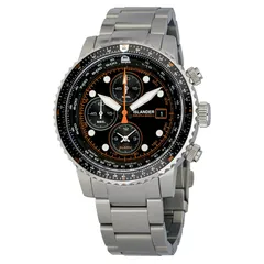 Islander Calverton flight chronograph with black dial and orange accents on steel bracelet