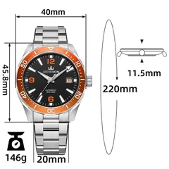 AddiesKIN K009 dimension graphic (40mm, 45.8mm lug-to-lug, 11.5mm, 20mm, 220mm, 146g)