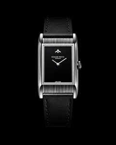 Kiwame Tokyo Yane Kuro, rectangular case with black lacquer dial, on black leather strap, front view