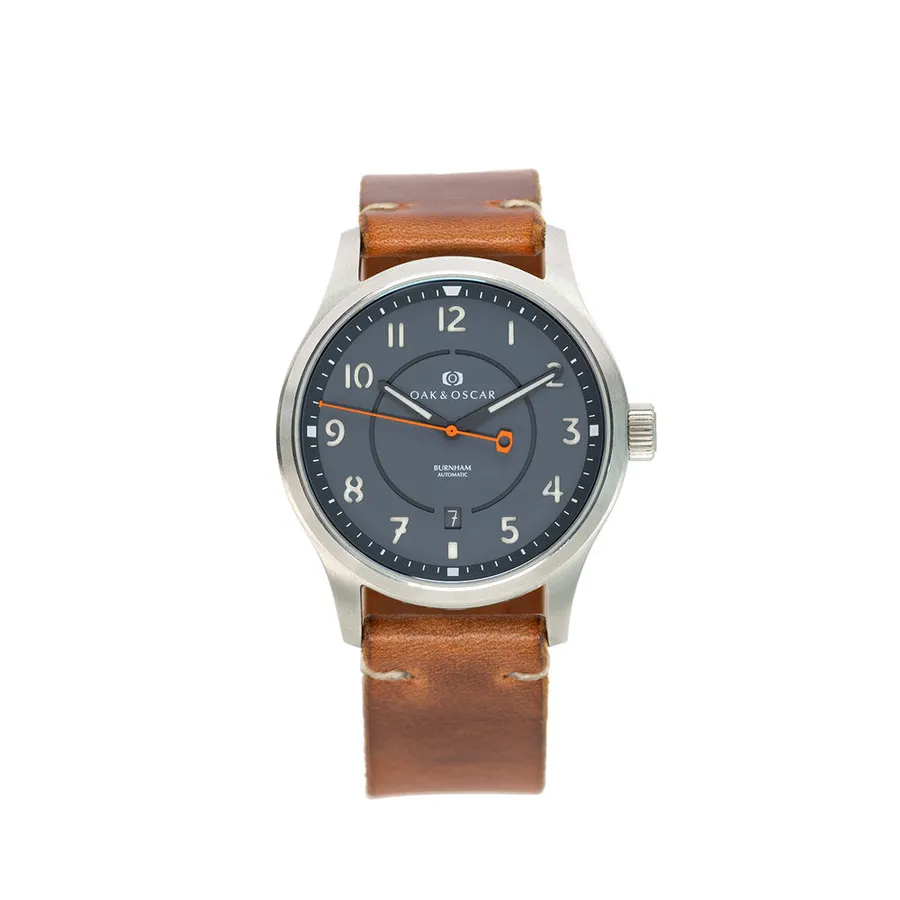 Oak & Oscar Burnham, matte grey sandwich dial with orange seconds hand and date at 6, on tan leather strap