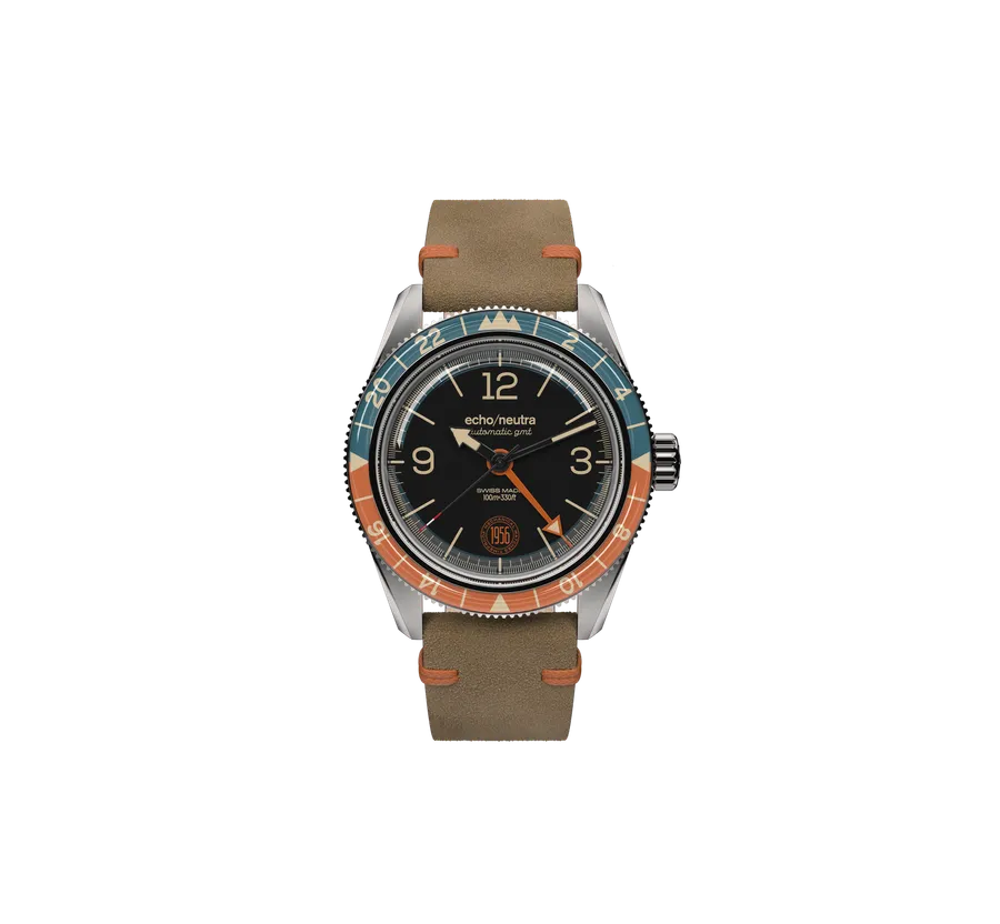 echo/neutra 1956 GMT with black dial and blue and orange bezel