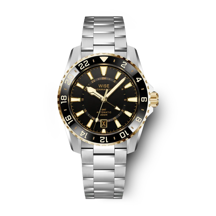 Wise Adamascus ADX101YG True GMT in 904L steel with 18K gold-capped bezel and crown, black matte dial, on 904L bracelet
