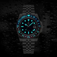 Addiesdive AD2050 lume shot, dial and bezel glowing blue