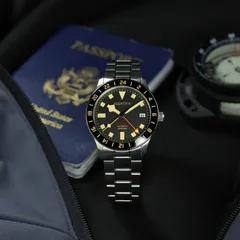 Aquatico Seafarer 38mm GMT on steel bracelet, lifestyle shot