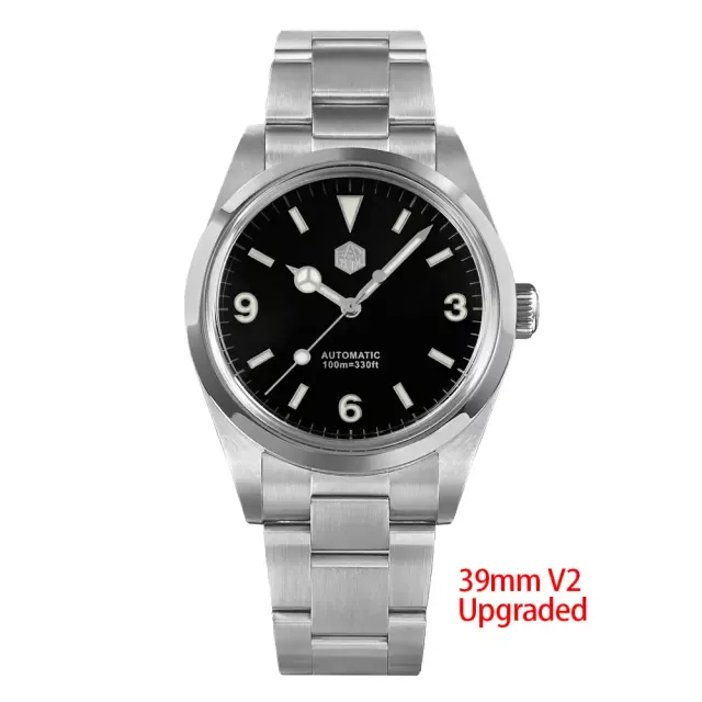 San Martin SN020-G2 39mm explorer with black dial, applied 3-6-9 numerals and Mercedes hands on steel bracelet