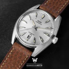 Wise Adamascus AD770 in Damascus steel, silver sunburst dial, on brown leather strap