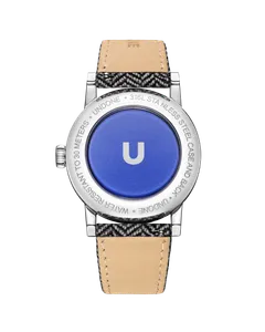 Undone Urban 37 Orson steel caseback with blue U-logo centre, engraved "316L stainless steel case and back" and "water resistant to 30 meters"