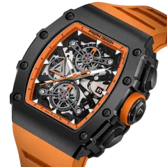 Pagani Design PD-YS011 close-up of the dial with counters at 12, 9 and 6, date at 3, tachymeter flange and pushers at 2 and 4