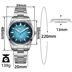 Addiesdive AD2091 dimension graphic (39mm, 38mm bezel, 48mm lug-to-lug, 13mm, 20mm, 220mm, 139g)