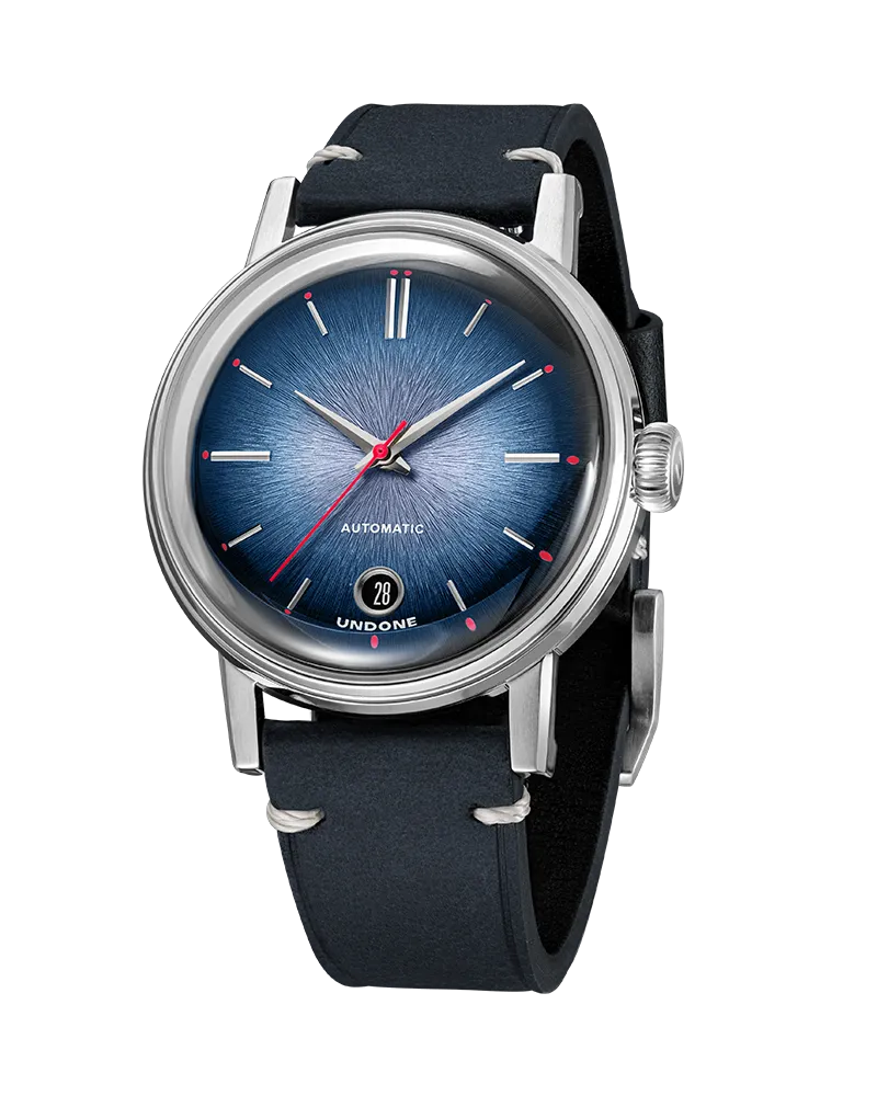 Undone Enamel Azura with navy enamel-style dial on a navy leather strap