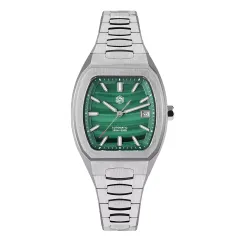 San Martin SN0145-G 39.5mm barrel-shaped case with green malachite dial, flat bar hands and date at 3 on bracelet