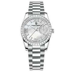Pagani Design PD-1776 with white dial and stone-set bezel on steel bracelet