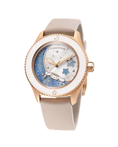 Undone x Cinnamoroll Moonbeam Cuddle with rose-gold-tone case, white bezel and mother-of-pearl Cinnamoroll dial on a cream strap