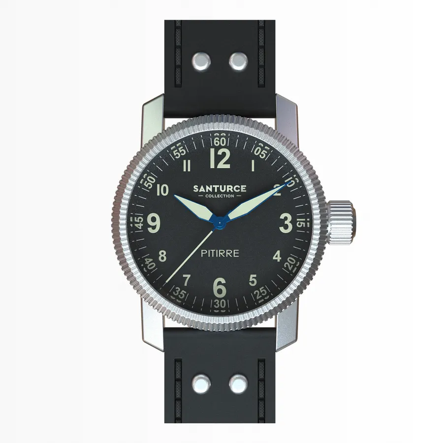 Santurce Collection Pitirre Time Only, 38mm sandblasted steel case, black dial with white numerals, on black riveted leather strap