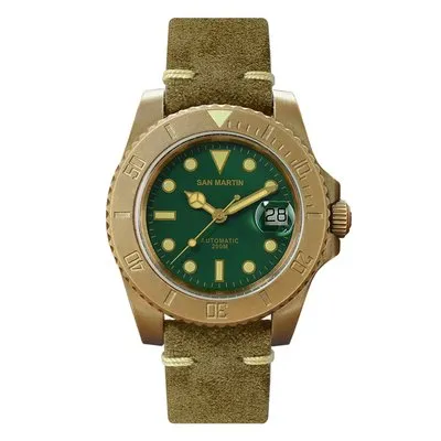 San Martin SN017-Q bronze diver with green dial, bronze bezel and date with cyclops on olive suede strap