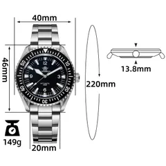 Addiesdive AD2056 dimension graphic on the bracelet (40mm, 46mm lug-to-lug, 13.8mm, 20mm, 149g)