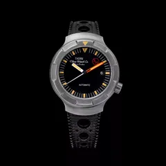 Thorn T018 titanium diver with black dial and aged grey bezel on a perforated rubber strap