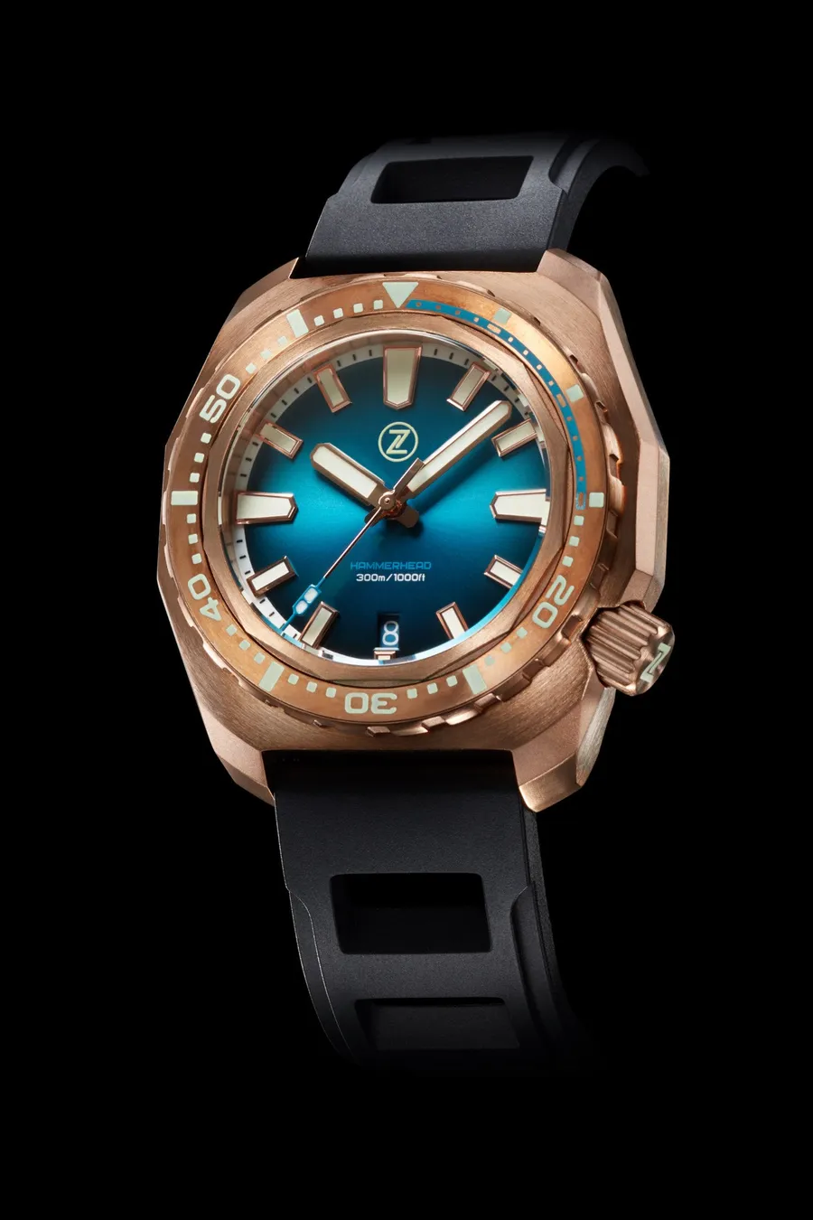 Zelos Hammerhead V3 300m in bronze, teal fumé dial, bronze bezel, on rubber strap