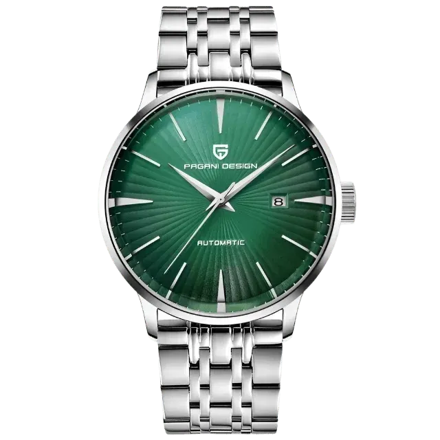 Pagani Design PD-2770 dress watch with green sunburst dial, baton markers and date at 3, on steel bracelet