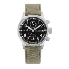 Militado ML1868-2 Date chronograph with black dial, white hands and date window on army-green canvas strap