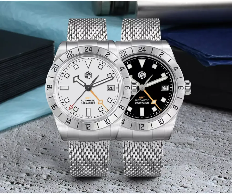 San Martin SN0135-G GMT watches with white and black enamel dials and engraved steel 24-hour bezels on mesh bracelets